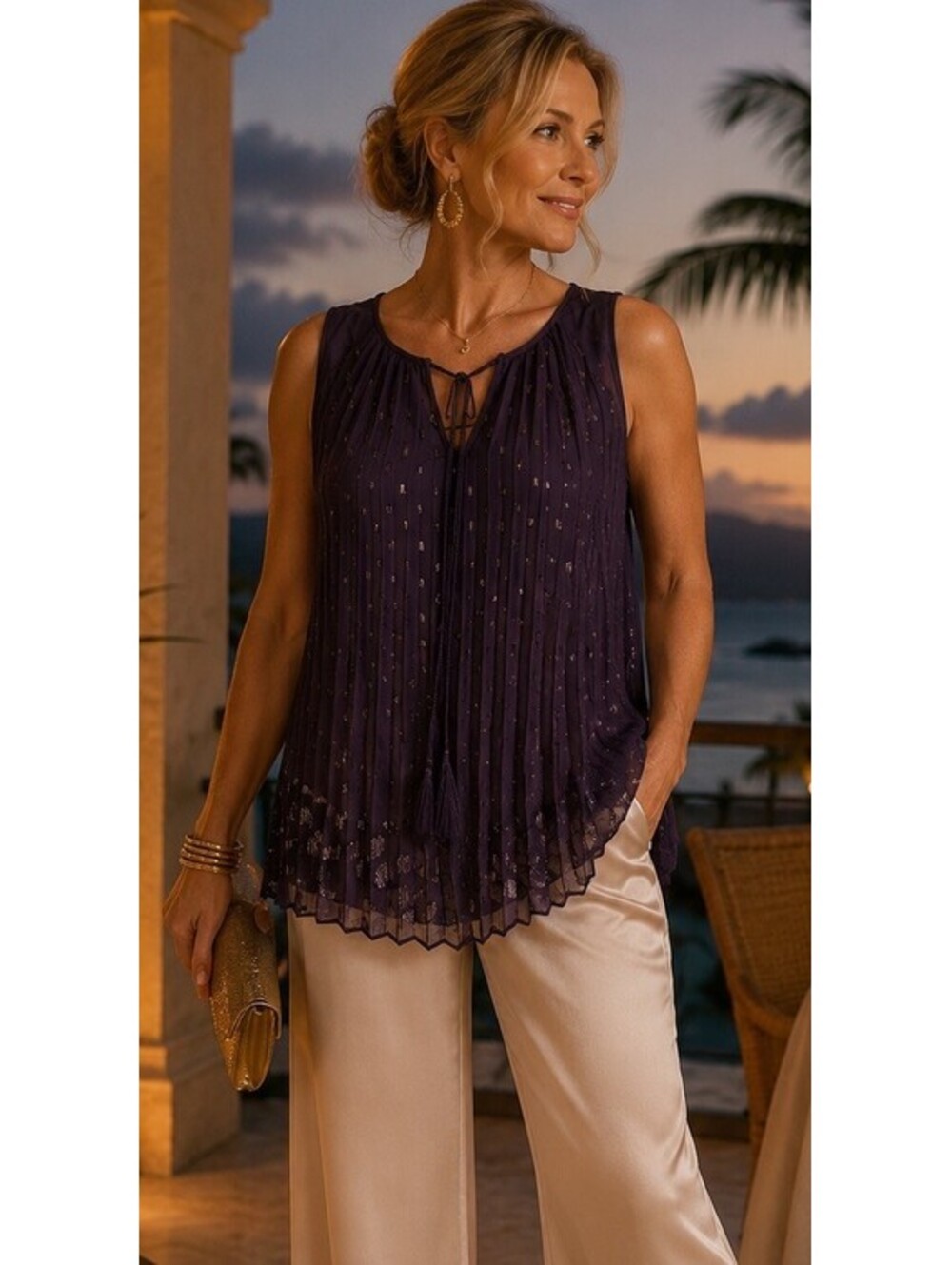 NWT Sheer Pleated Chiffon Overlay with Metallic Textured Accents Evening Resort